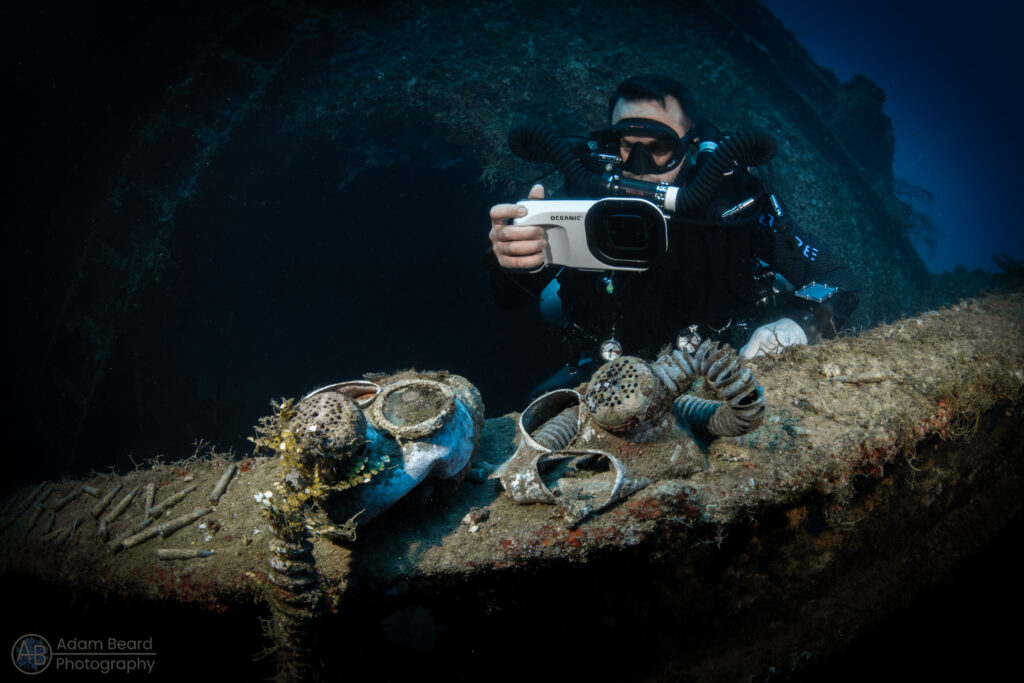 Under water image with rebreather, photo by Adam Bead Photography